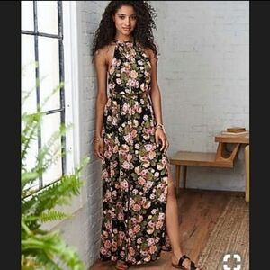 AEO American Eagle Floral Halter Maxi Dress Open Back Black